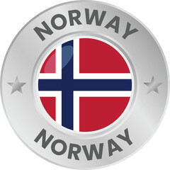 Obraz premium Norway flag in silver colored medal. National flag in metal circle emblem.