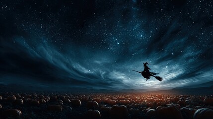 Witch Flying Over Pumpkin Field Under Starry Night Sky