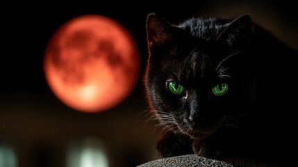Mysterious Black Cat Under a Blood Moon