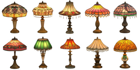 Tiffany Style Stained Glass Table Lamps Collection Display isolated on white png transparent background	