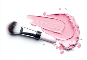 Pink makeup smudge with brush on white background