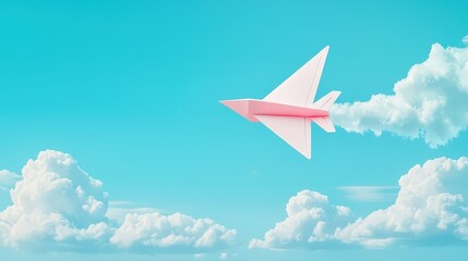 Fototapeta premium Paper plane flying from an orphanage roof into the sky, minimalist metaphor of freedom and future