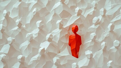 Red Figure Amidst Crowd of White Polygonal People