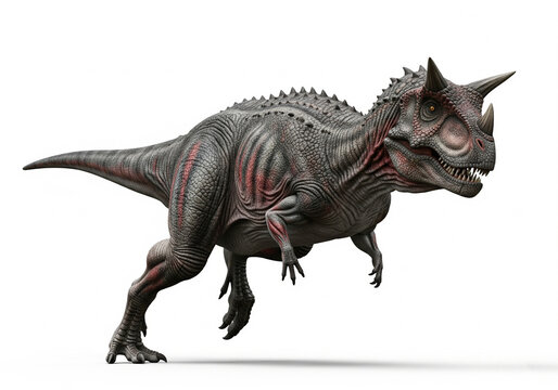 carnotaurus dinosaur with horns and short arms in dynamic running pose isolated white