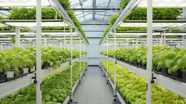 Greenhouse showcasing healthy basil plants in a controlled environment with rows of vibrant greenery and innovative growing systems