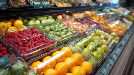 Obraz premium Fresh fruit display with raspberries, oranges, green apples, and other colorful fruits in plastic containers at grocery store