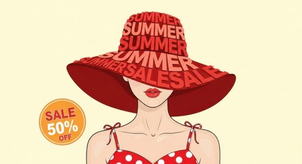 Stylish woman in red hat promotes summer sales event with discount