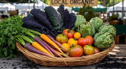 Close-up of fresh farm vegetables in traditional market basket