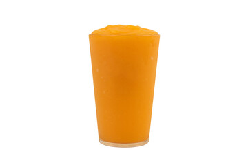 Orange juice in a glass isolated on a yellow background. Orange juice.