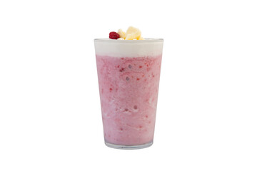 Milkshake with raspberry and banana in a glass on white background