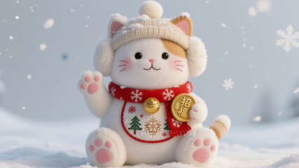 Festive Lucky Cat Charm in Winter Wonderland Celebrating Lunar New Year Wishes Bringing Happiness