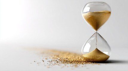 Hourglass with golden sand flowing through sleek glass body on white surface, symbolizing time passing gently