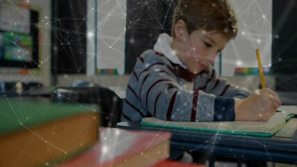 Focus shifting from book stack to student writing in notebook for education, digital overlay fading - Powered by Adobe