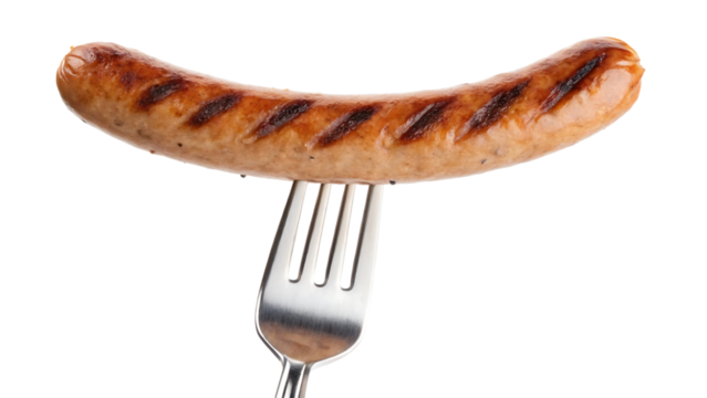 Grilled Sausage On Fork isolated on a transparent background