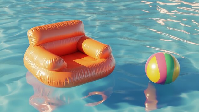 Inflatable pool chair and ball on calm water, sunny day, relaxing summer scene
