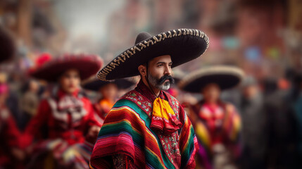 Fototapeta premium Mexican man wearing traditional colorful serape and large sombrero hat during festive cultural celebration parade