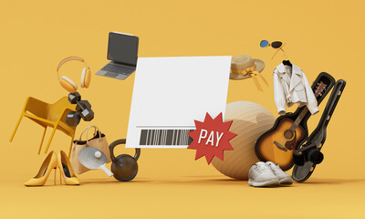 Blank shopping receipt with barcode surrounded by modern items. 3d rendering.