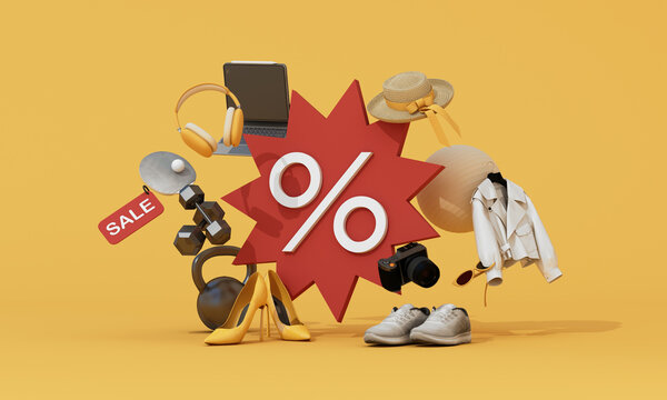 Colorful discount concept with various shopping items and percentage symbol. 3d rendering.