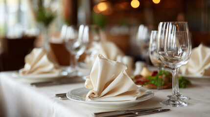 Elegant restaurant table setting with folded napkin and glassware creating warm and inviting atmosphere for dining