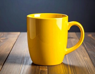 A bright yellow mug on a wooden table with a dark background