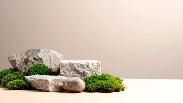Gray Rocks And Moss Display Stand On Beige Background