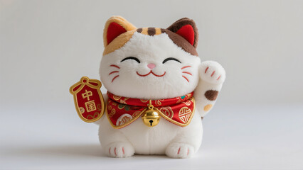 Lucky Maneki Neko Plush Beckoning with Charm in Calico Fur and Red Scarf Prosperity Feng Shui