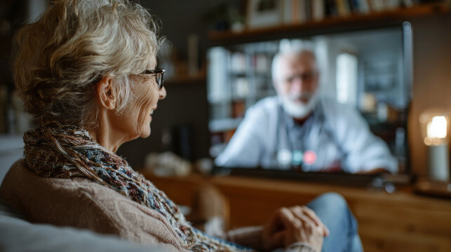 Elderly woman having telehealth video call with doctor on screen, showing care and connection in cozy home setting - Powered by Adobe