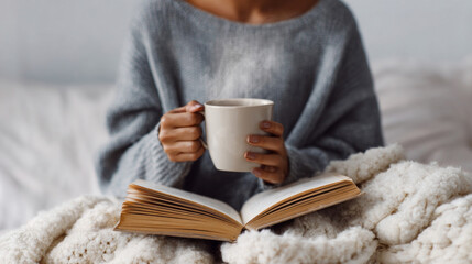 Person wearing cozy gray sweater enjoys warm drink while reading open book on soft knitted blanket, creating calm atmosphere