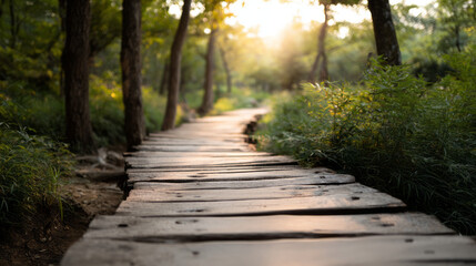 Obraz premium Wooden boardwalk winding through green forest with soft sunlight creating peaceful and warm atmosphere
