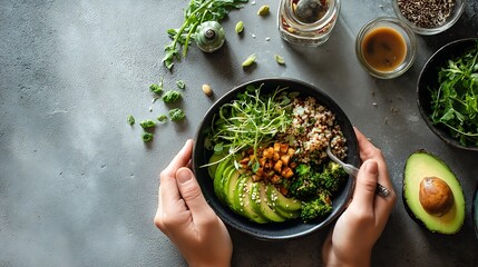 Top-down view of a modern kitchen counter with hands preparing a vegetarian Buddha bowl featuring avocado grains and leafy greens minimalist backdrop real photo stock photography