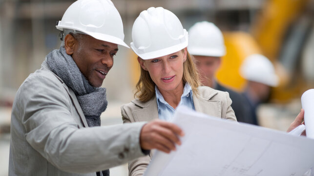 Construction workers with blueprint and safety helmets discussing project plan on site
