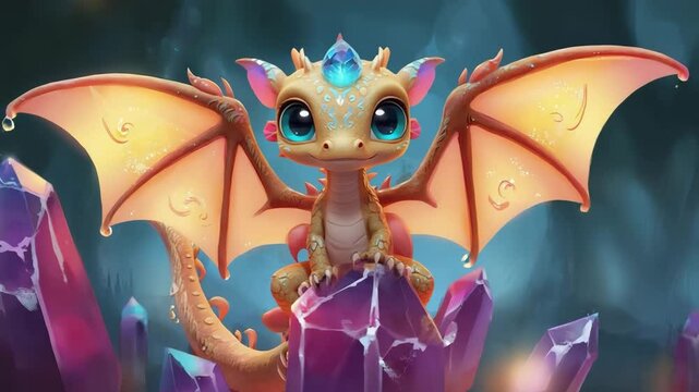Fantasy dragon perched on colorful crystals in enchanting cave atmosphere for an exciting adventure