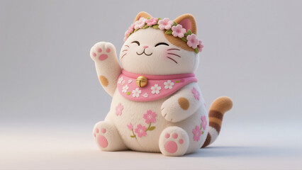Charming maneki neko figurine with cheerful sakura blossoms and a warm welcoming gesture for good