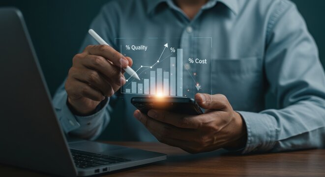 Photo of a businessman analyzes business data and graphs on a smartphone with a digital pen