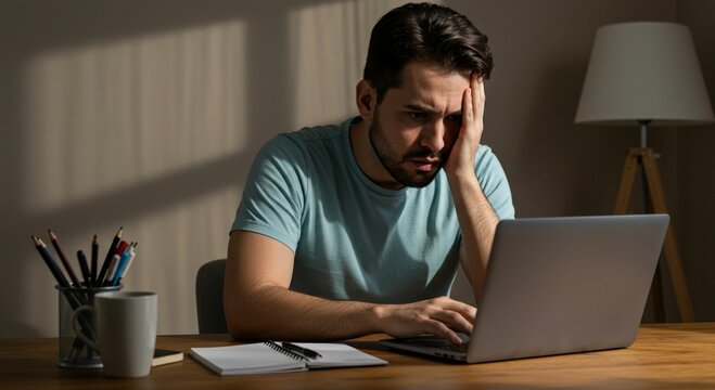 Stressed person working on laptop