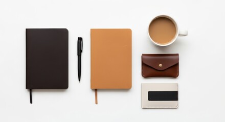 Minimalist desk setup with notebooks pen coffee and wallets on white background