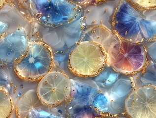 Una composici&oacute;n art&iacute;stica de rodajas de c&iacute;tricos flotando en un fondo nebuloso y brillante.