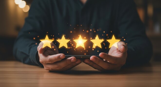 Photo of a person is holding a smartphone displaying a fivestar rating for excellent customer service