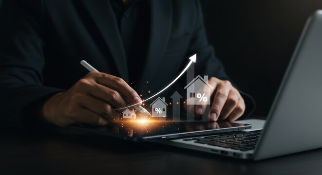 Photo of a businessman analyzes rising real estate interest rates on a digital tablet with a laptop nearby