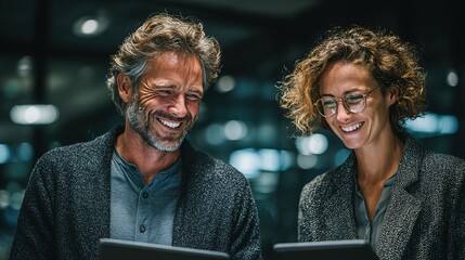 In an office environment, a man and a woman smile and focus on a tablet together, showing team collaboration, communication and a positive work atmosphere.