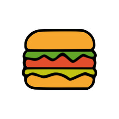Vector Style Cartoon Burger with Thick Black Outline and Simple Bold Color Layers