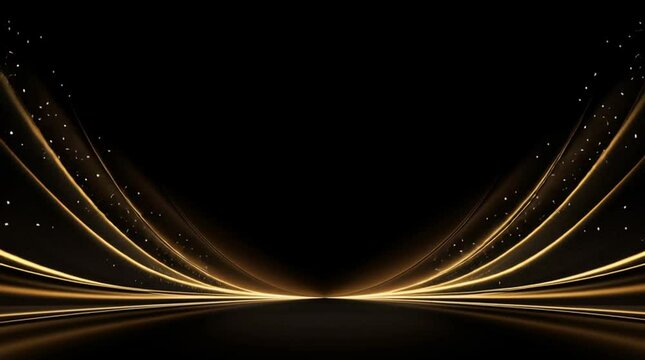 Sweeping gold lines curve upward on a black background with subtle sparkles. Perfect for event openers, branding, or elegant presentations.
