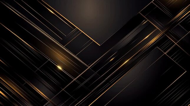 Modern abstract pattern of overlapping gold and black lines and rectangles with glowing highlights. Perfect for luxury branding, tech visuals, or events.