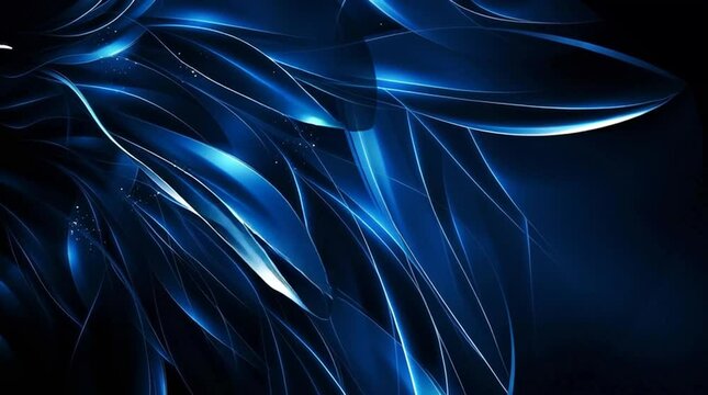 Dynamic blue feather shapes with glossy highlights create a futuristic and creative abstract animation over a black background.