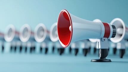 A red and white megaphone with a blue background, emitting a loud sound.