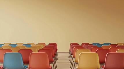 Empty conference room with rows of colorful chairs and a beige wall.