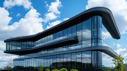 Innovative Curved Glass Office Building with Black Metal Frames, Reflecting Sky and Greenery, Topped with Rooftop Plants