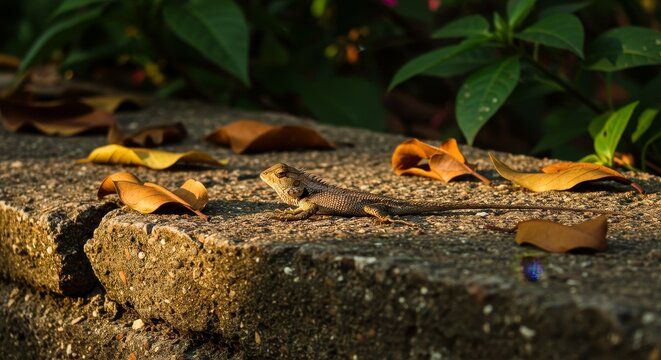 A lizard stands on a concrete wall surrounded by fallen leaves - Powered by Adobe