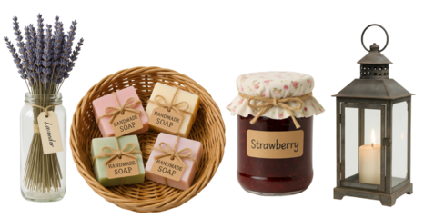 Rustic Flea Market Display – Handmade Soaps, Lavender, and Jam Jar Charm