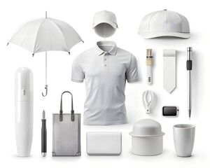 A pristine white corporate branding mockup showcases apparel, accessories, and stationery items, all isolated against a clean white background